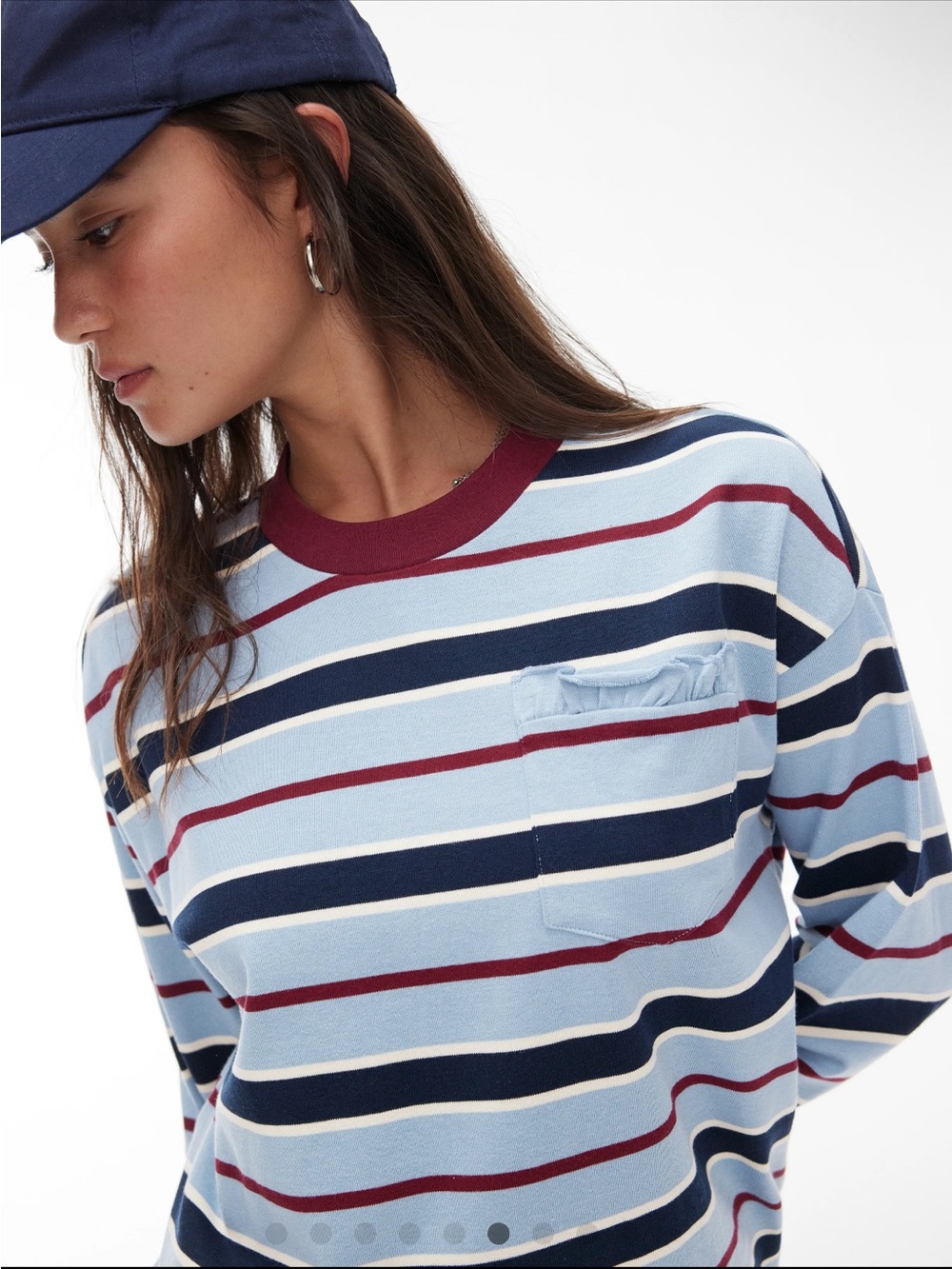 NWT- Cider Blue Striped Cotton Long-Sleeved Tee w Frilled Pocket - Oversized no